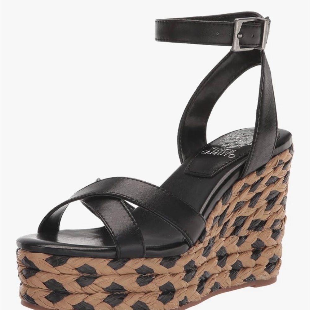NIB Vince Camuto Black Leather Crisscross Ankle-Strap Wedge